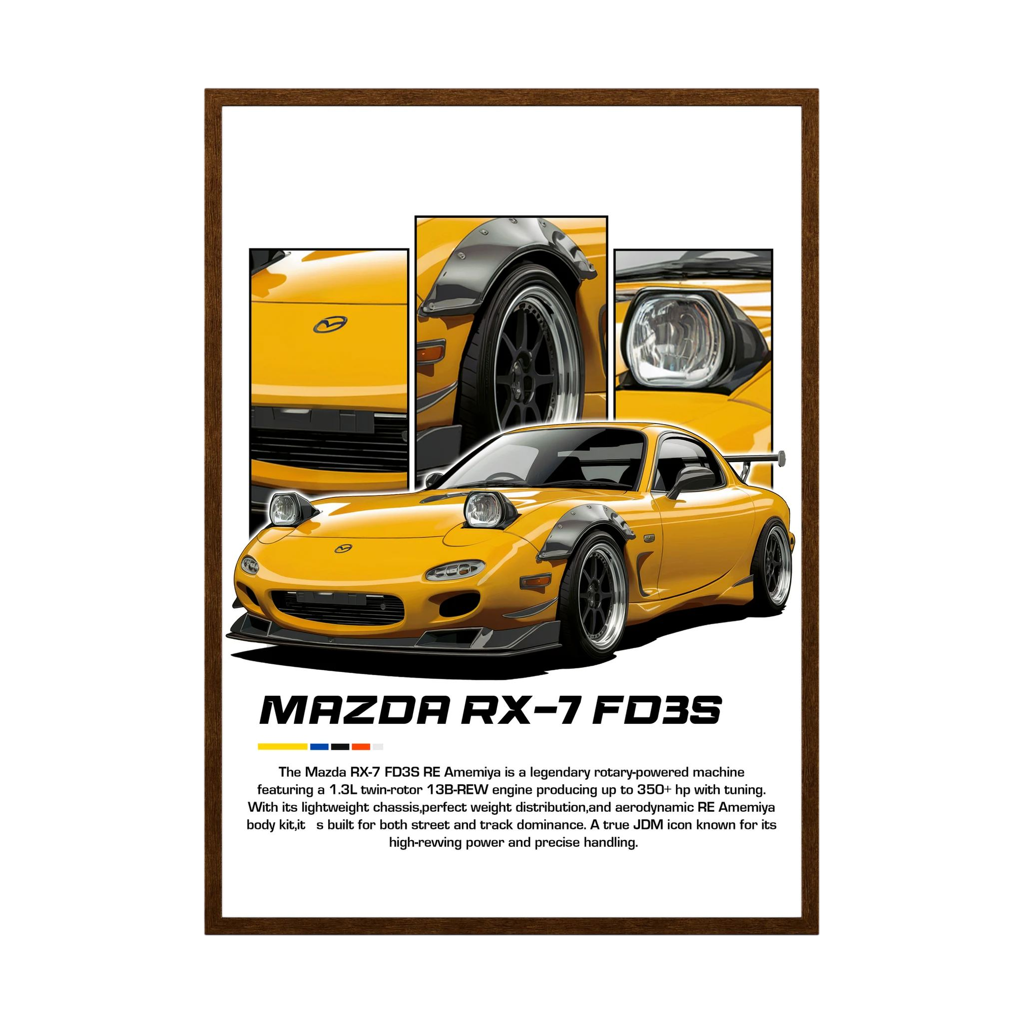 Yellow Mazda RX-7 FD3S illustration with pop-up headlights and close-up panels.