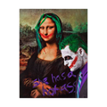Classical pop art portrait with green hair and painted red smiles, shown unframed.