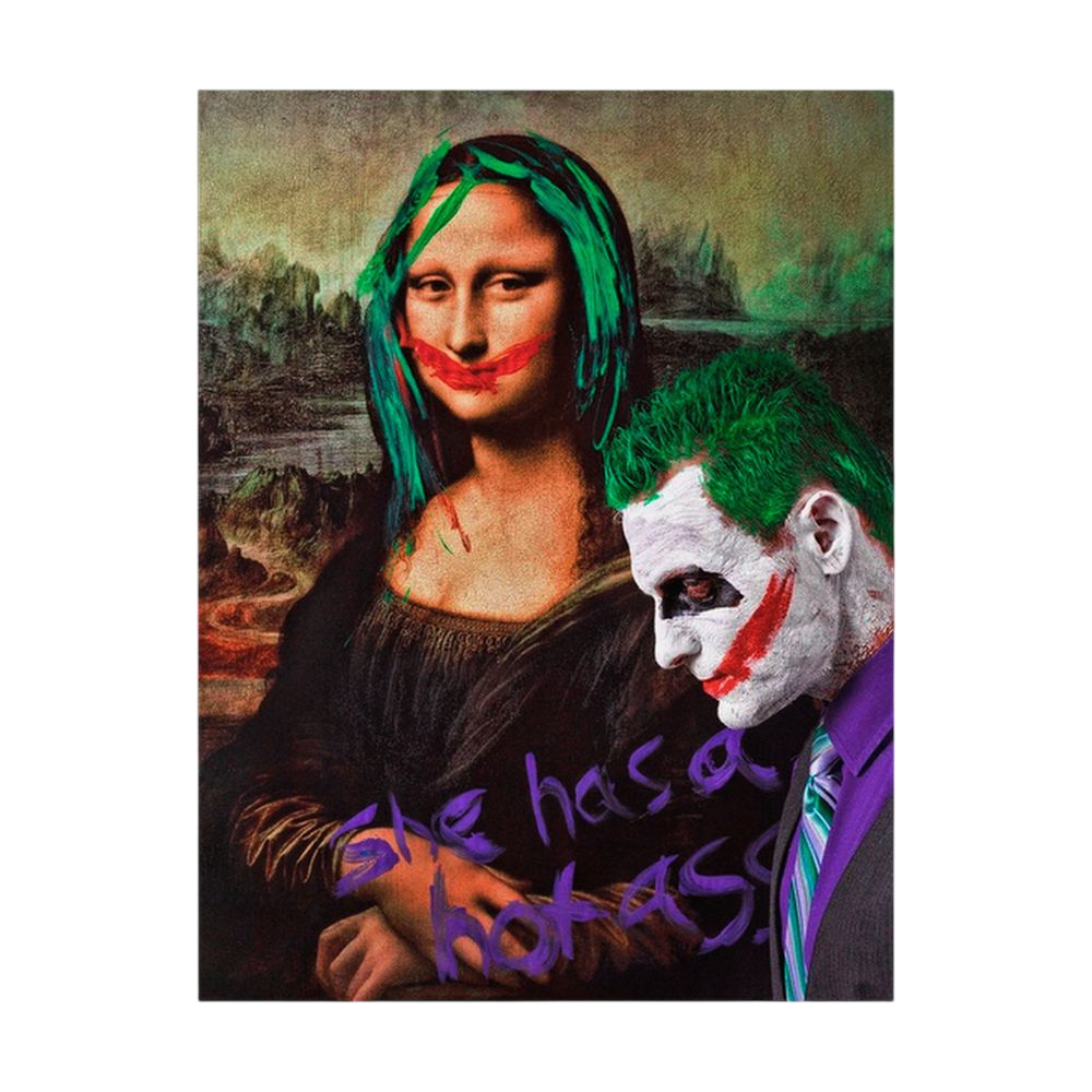 Classical pop art portrait with green hair and painted red smiles, shown unframed.
