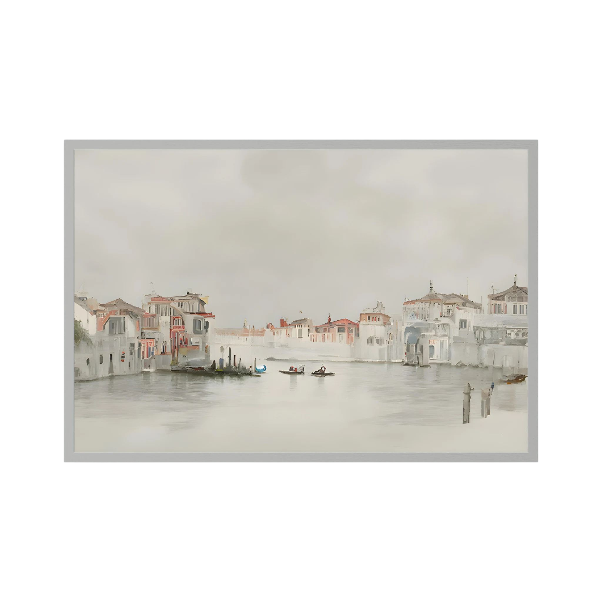 Soft neutral watercolour of Venice waterfront buildings and small boats.