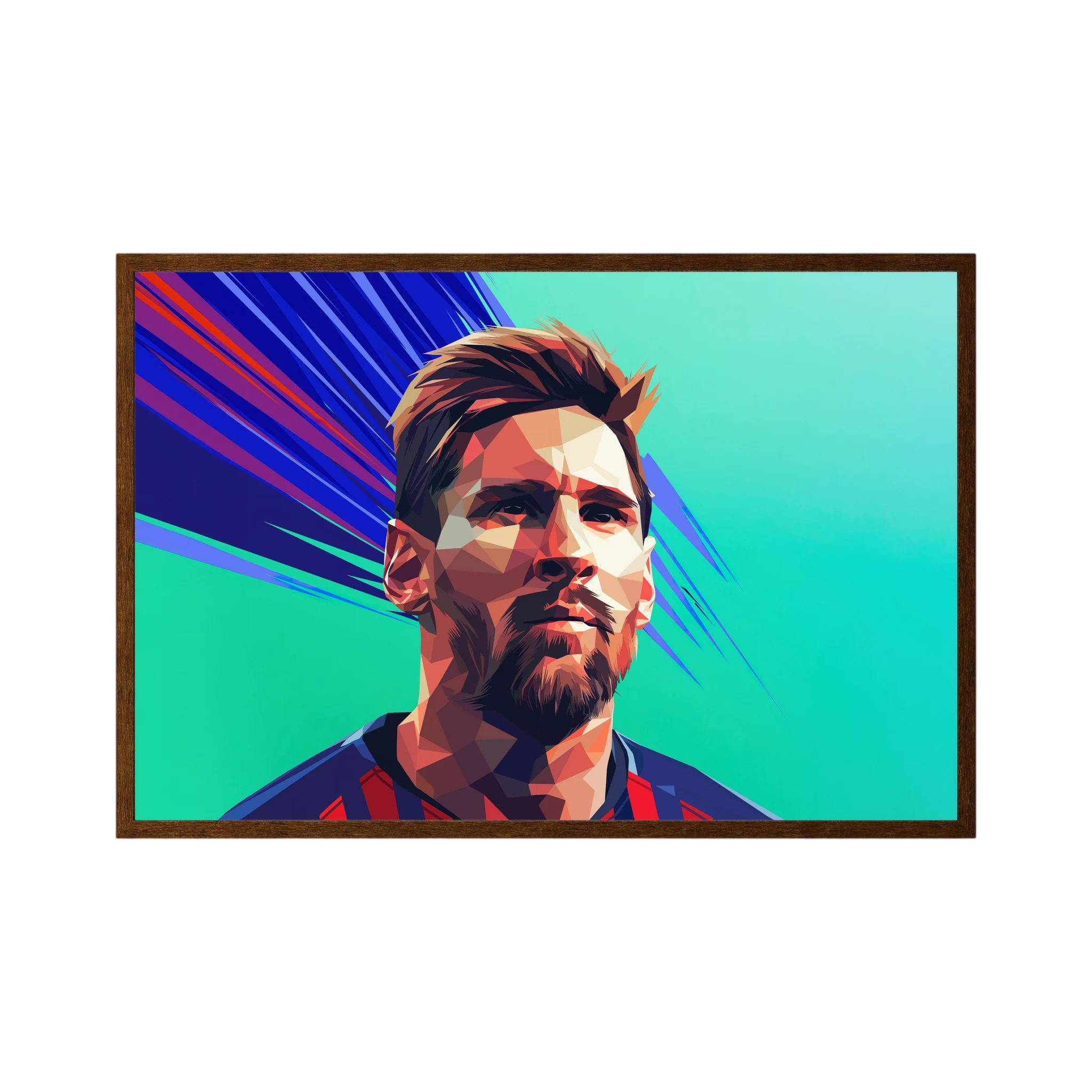 Geometric portrait of Lionel Messi in blue and red against a teal background with sweeping blue lines, shown in product view 2.