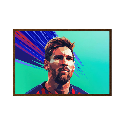Geometric portrait of Lionel Messi in blue and red against a teal background with sweeping blue lines, shown in product view 2.