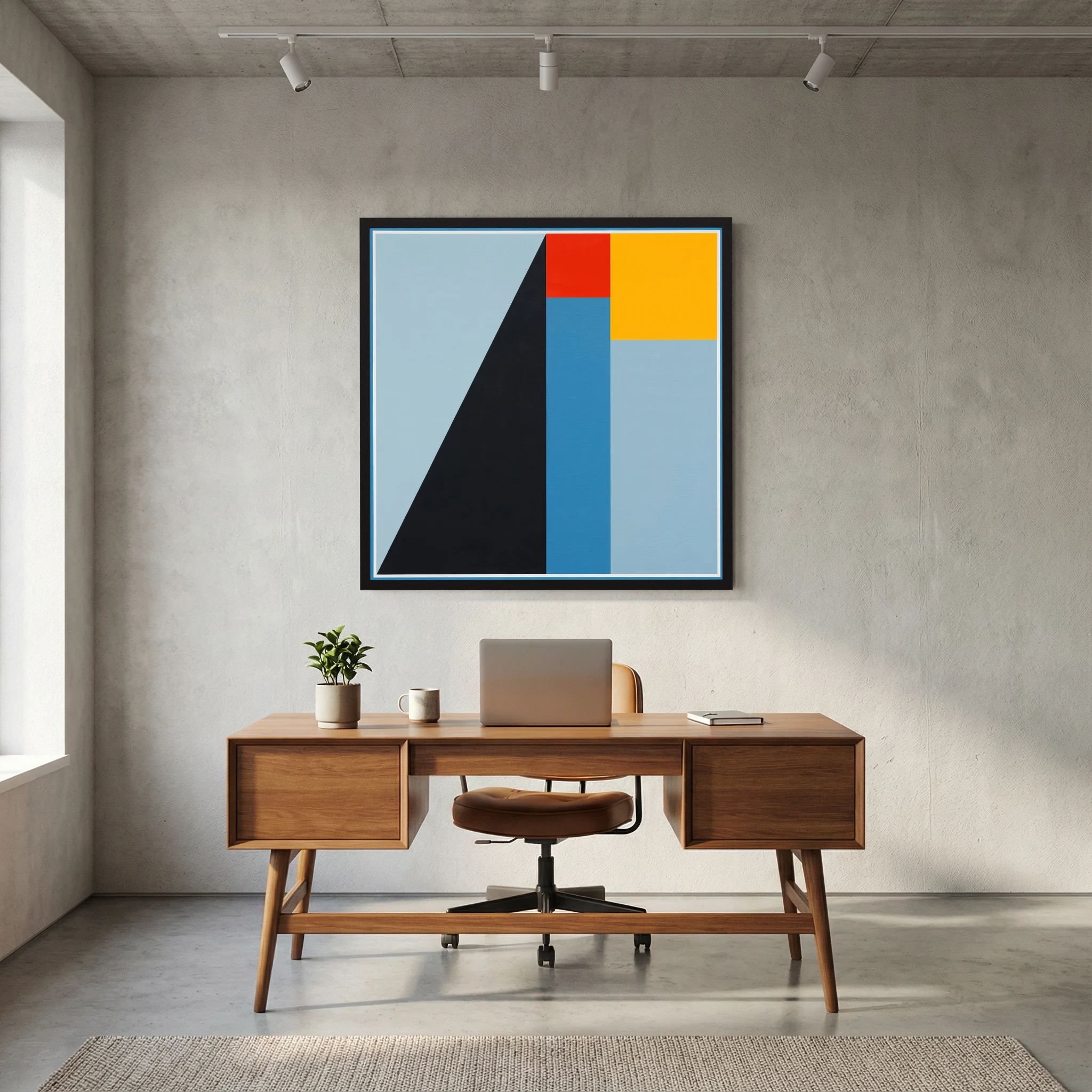 Pale blue, navy, yellow and red geometric planes form a strong ascending abstract composition, shown in product view 8.