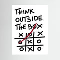 Hand-drawn think outside the box quote above a noughts-and-crosses grid with a red winning line.