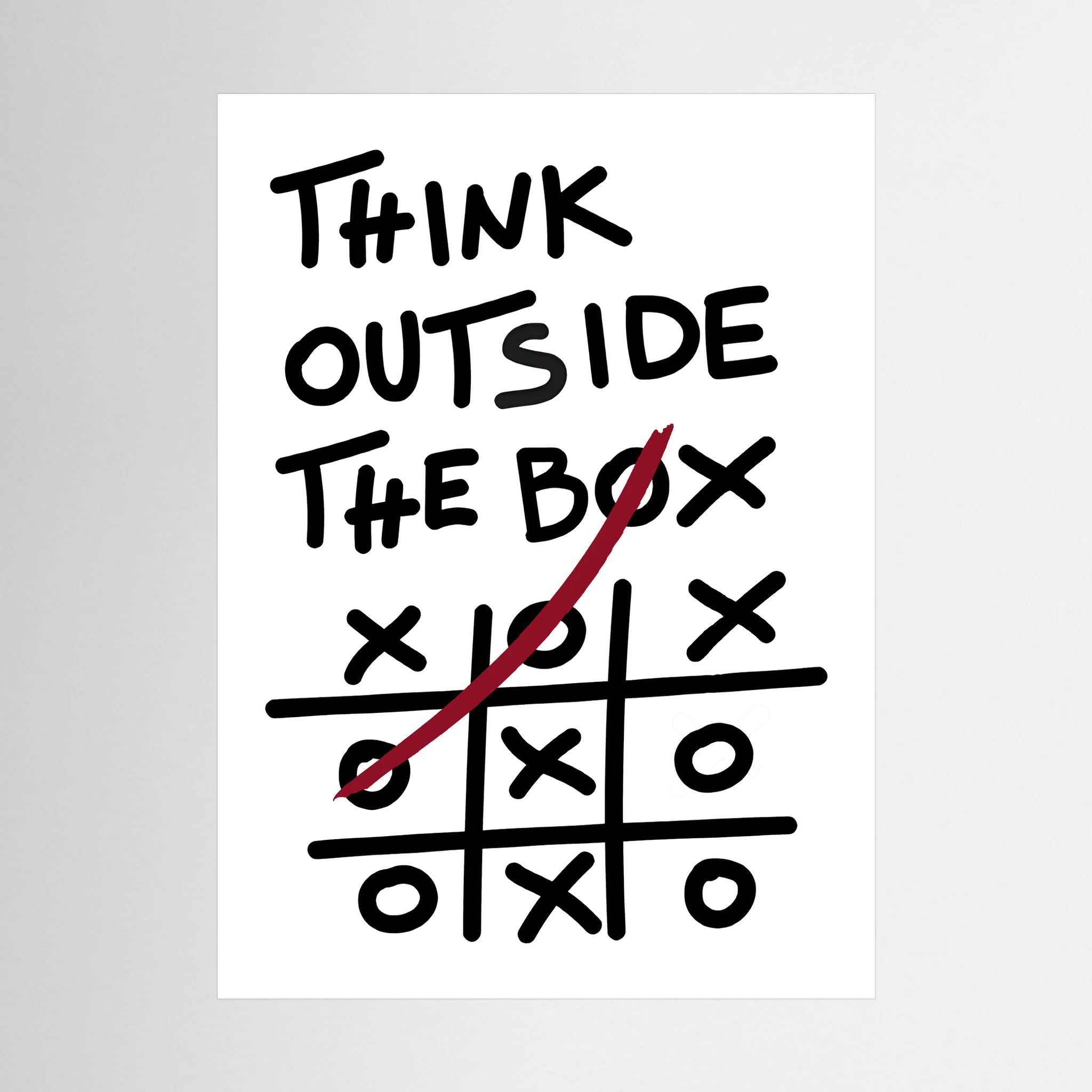 Hand-drawn think outside the box quote above a noughts-and-crosses grid with a red winning line.