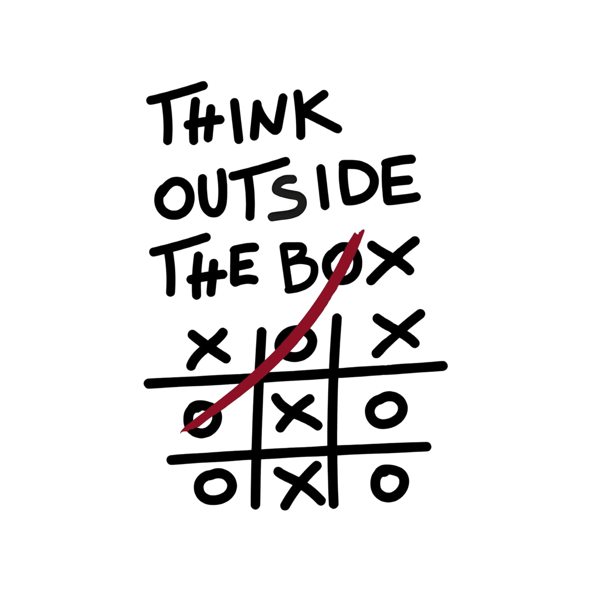 Hand-drawn think outside the box quote above a noughts-and-crosses grid with a red winning line.