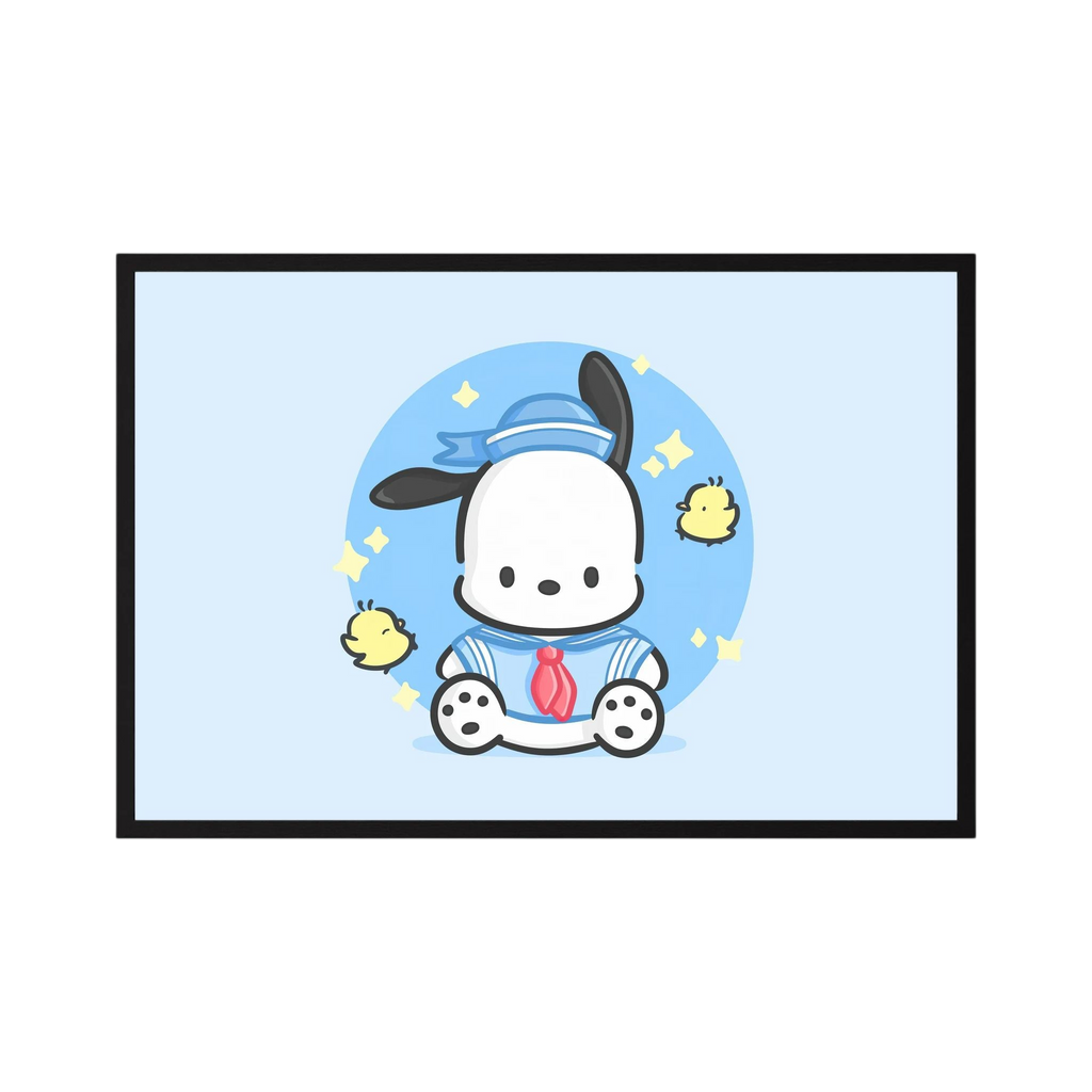Cute white puppy in a blue sailor outfit sits among tiny yellow birds on a pale blue background, shown in product view 3.