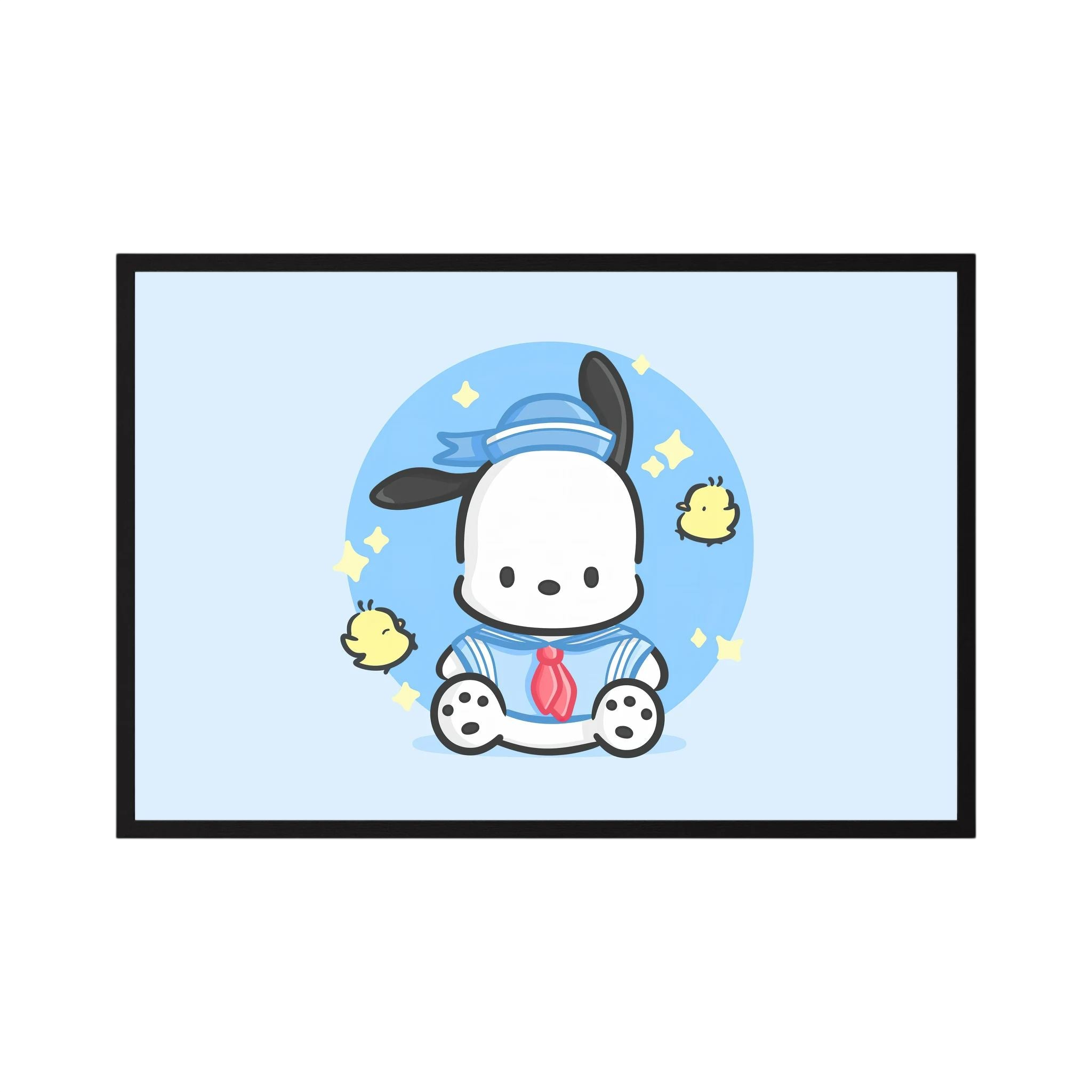Cute white puppy in a blue sailor outfit sits among tiny yellow birds on a pale blue background, shown in product view 3.