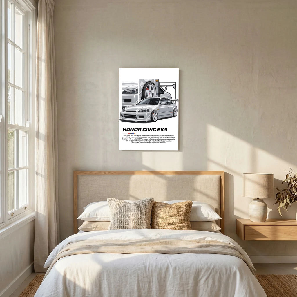 Silver Honda Civic EK9 illustration with white wheels, rear wing and close-up panels.