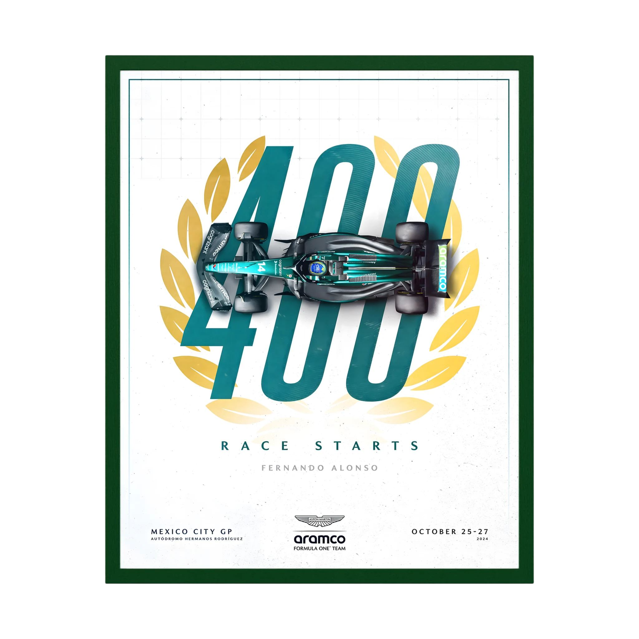 Green Formula One car over a large 400 race starts graphic for Fernando Alonso, shown in product view 2.