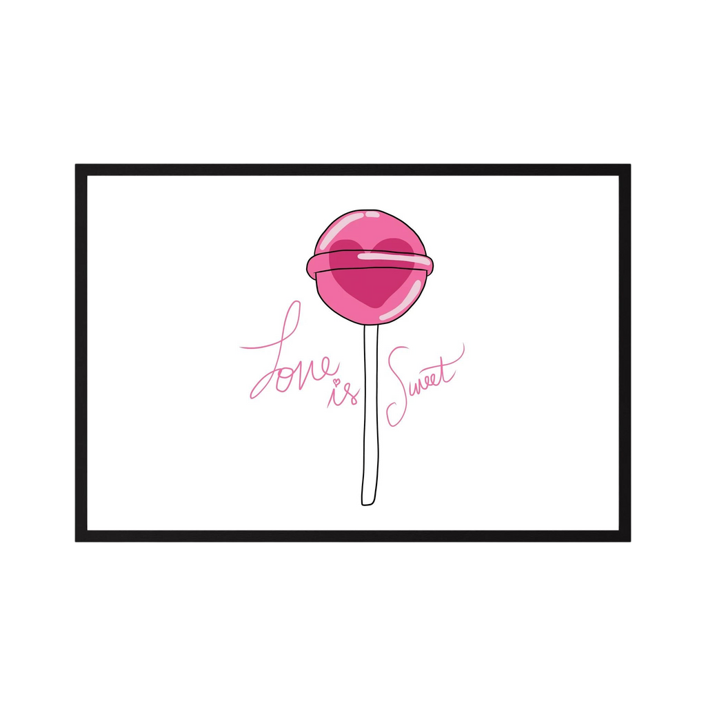 Pink heart-centred lollipop accompanies delicate script reading love is sweet on white, shown in product view 4.