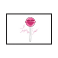 Pink heart-centred lollipop accompanies delicate script reading love is sweet on white, shown in product view 4.