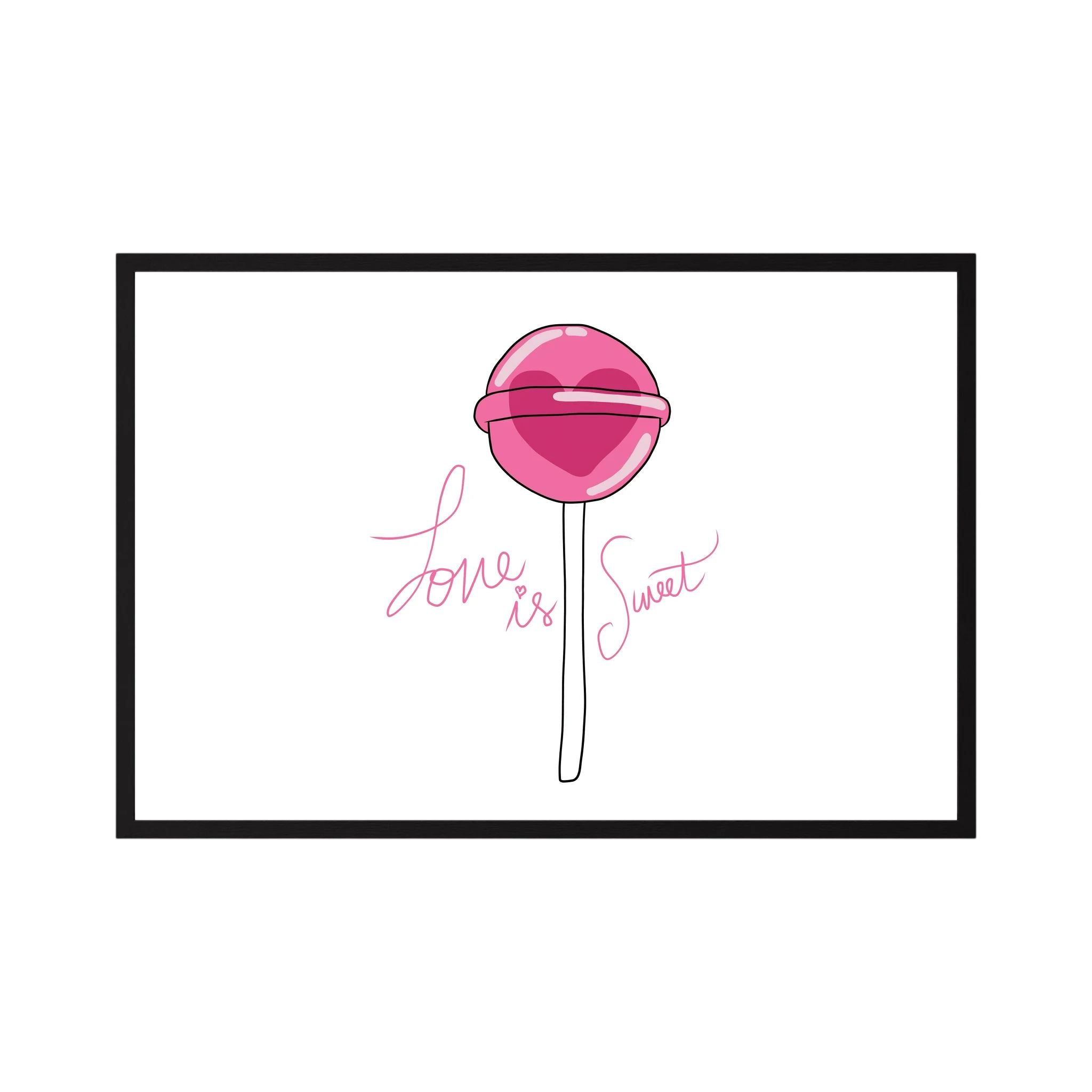 Pink heart-centred lollipop accompanies delicate script reading love is sweet on white, shown in product view 4.