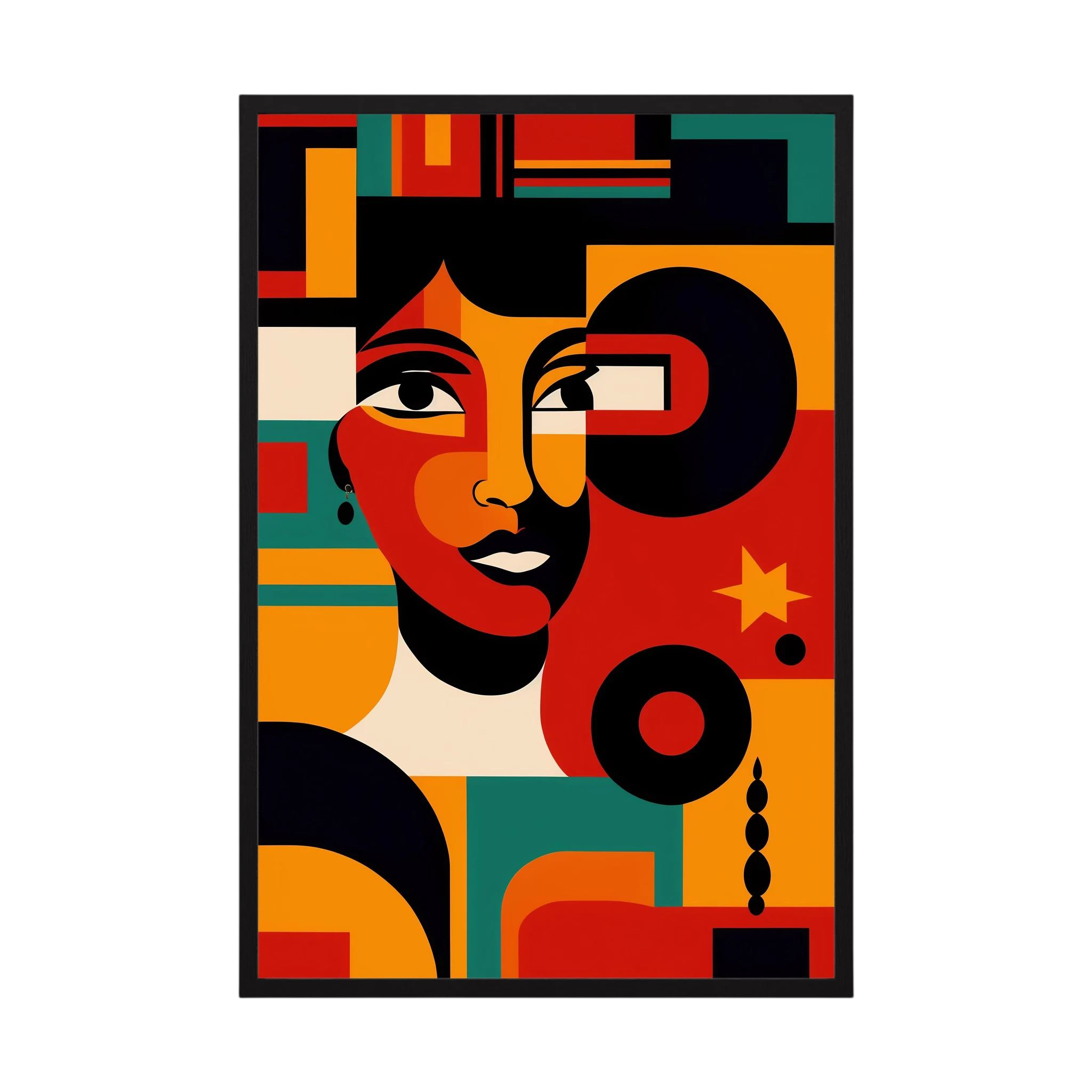 Cubist-inspired seated woman in a patterned dress set against a blue wall and delicate white flowers, shown in product view 3.