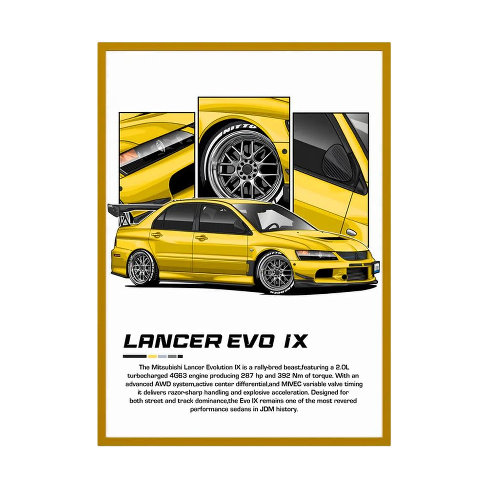 Yellow Mitsubishi Lancer Evolution IX illustration with close-up wheel and body panels.