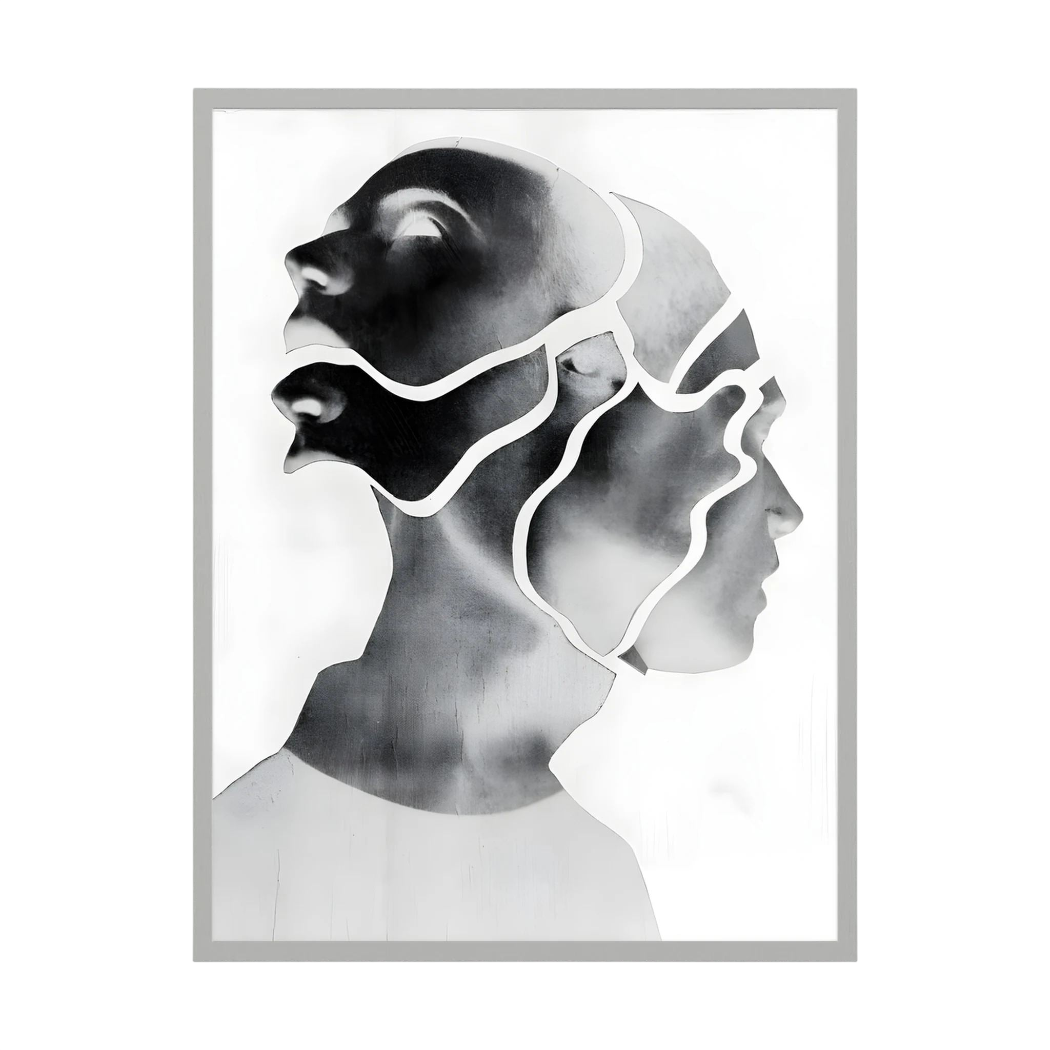 Overlapping female profiles in black, grey and white create a layered contemporary portrait, shown in product view 4.
