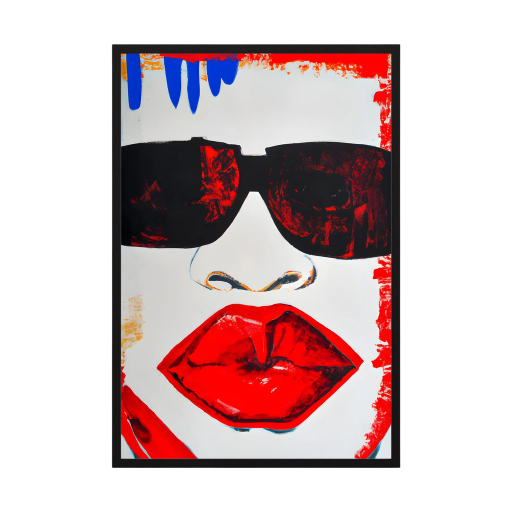 Graphic close-up of black sunglasses, a stylised nose and vivid red lips with expressive painted edges, shown in product view 5.