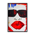 Graphic close-up of black sunglasses, a stylised nose and vivid red lips with expressive painted edges, shown in product view 5.