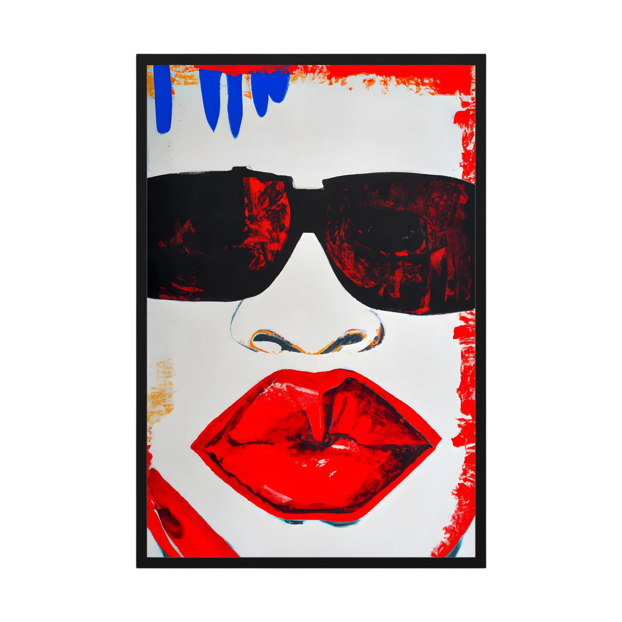 Graphic close-up of black sunglasses, a stylised nose and vivid red lips with expressive painted edges, shown in product view 5.