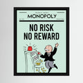 Retro money-themed poster reading no risk no reward beside a top-hatted figure at a slot machine, shown in product view 4.