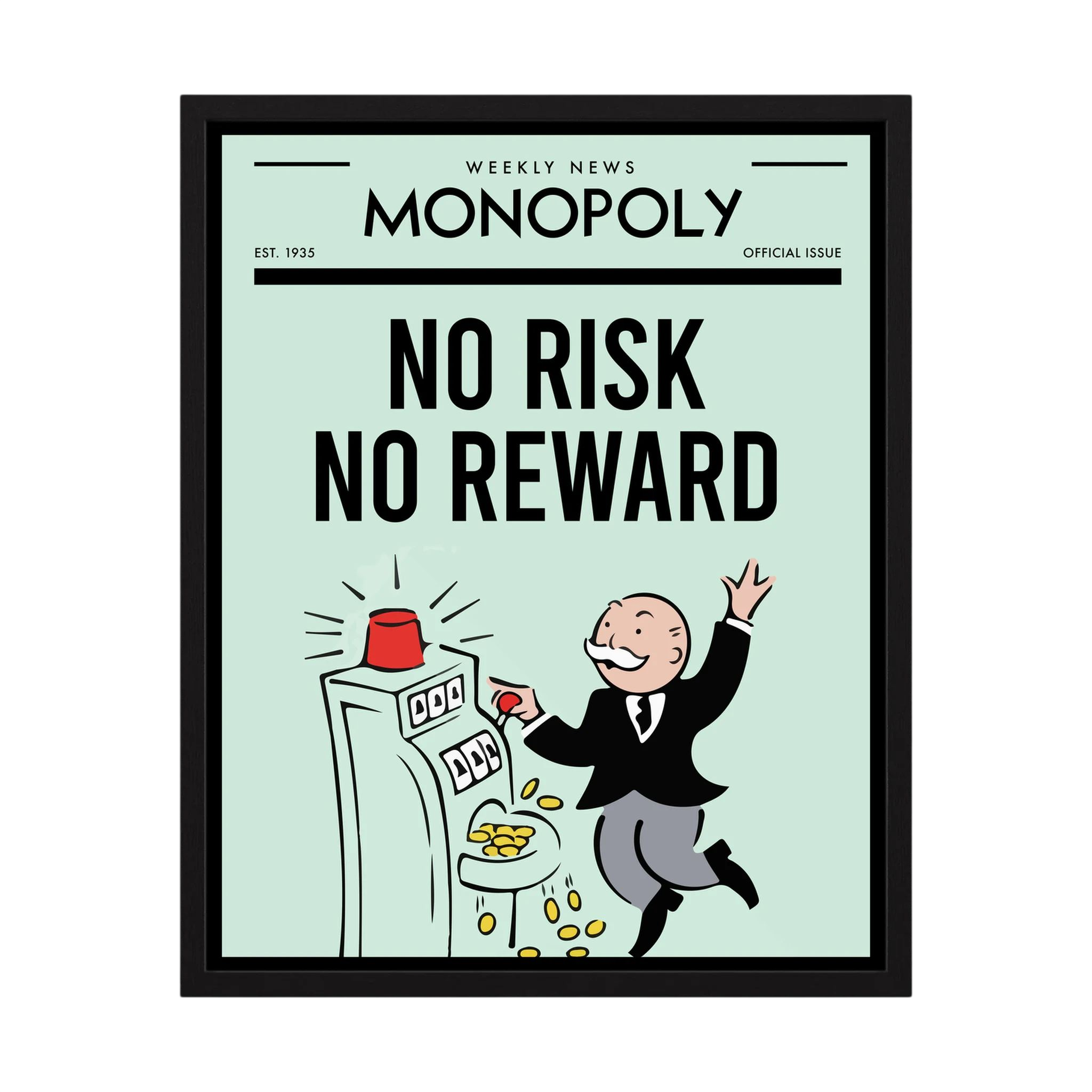 Retro money-themed poster reading no risk no reward beside a top-hatted figure at a slot machine, shown in product view 4.