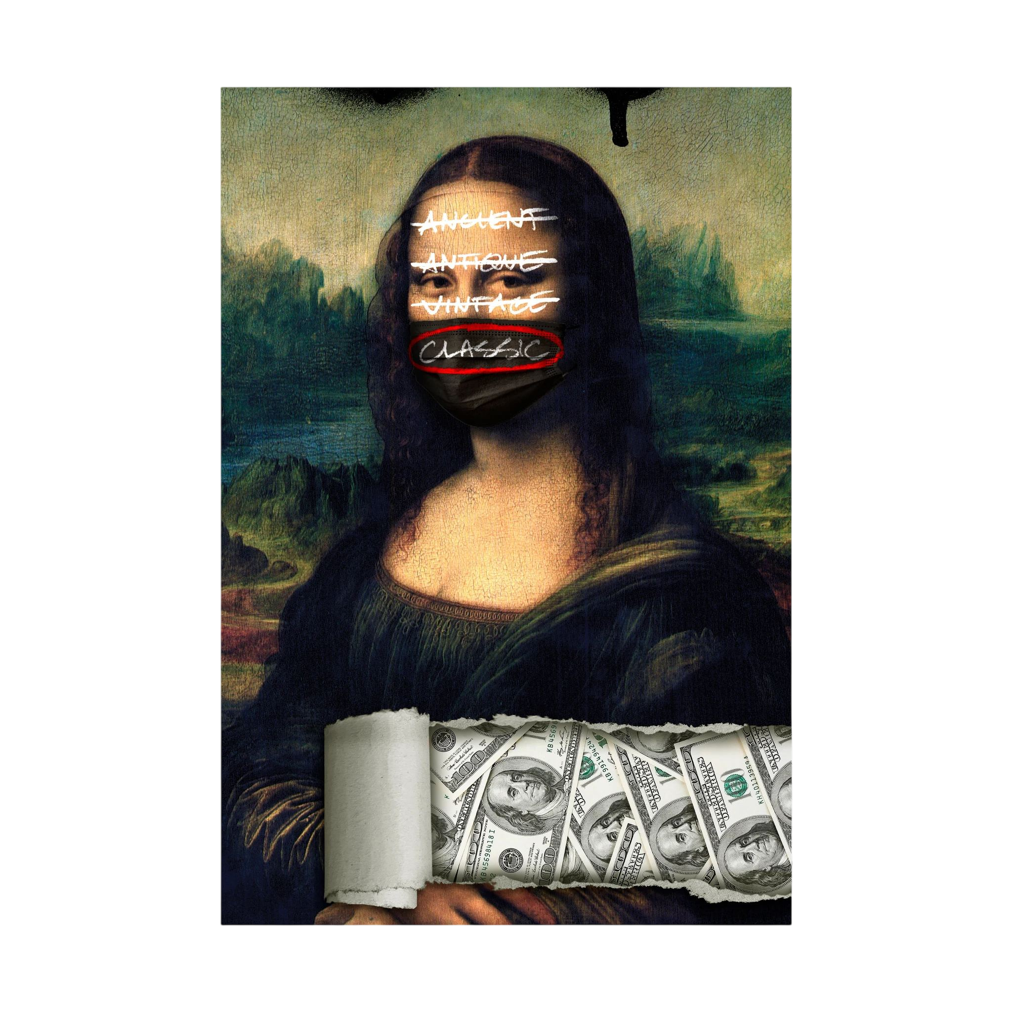 Mona Lisa wears a black mask marked classic above a torn collage of banknotes and crossed-out labels.
