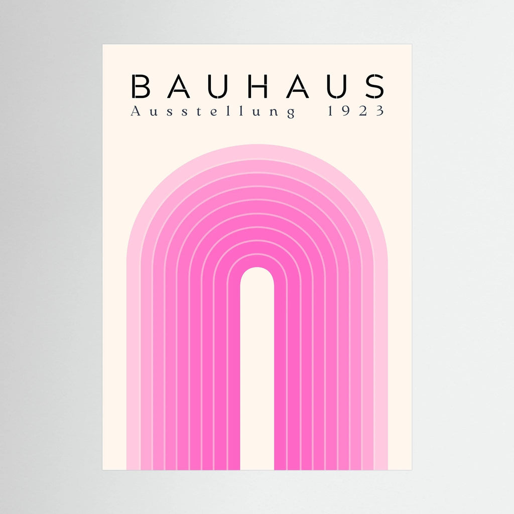 Pink Bauhaus poster with layered concentric arch lines on cream.