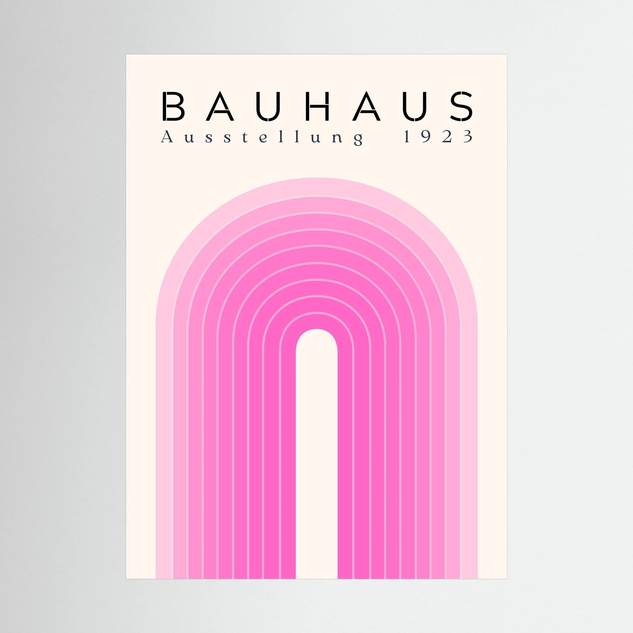 Pink Bauhaus poster with layered concentric arch lines on cream.