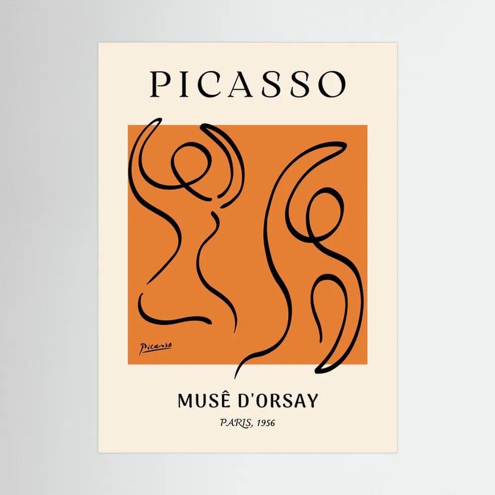 Two fluid black line figures dance across a vivid orange field within a cream museum-style poster, shown in product view 3.