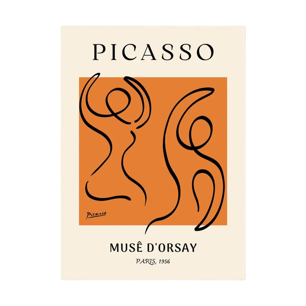 Two fluid black line figures dance across a vivid orange field within a cream museum-style poster, shown in product view 3.
