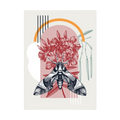Graphic moth with red flowers and geometric arches.