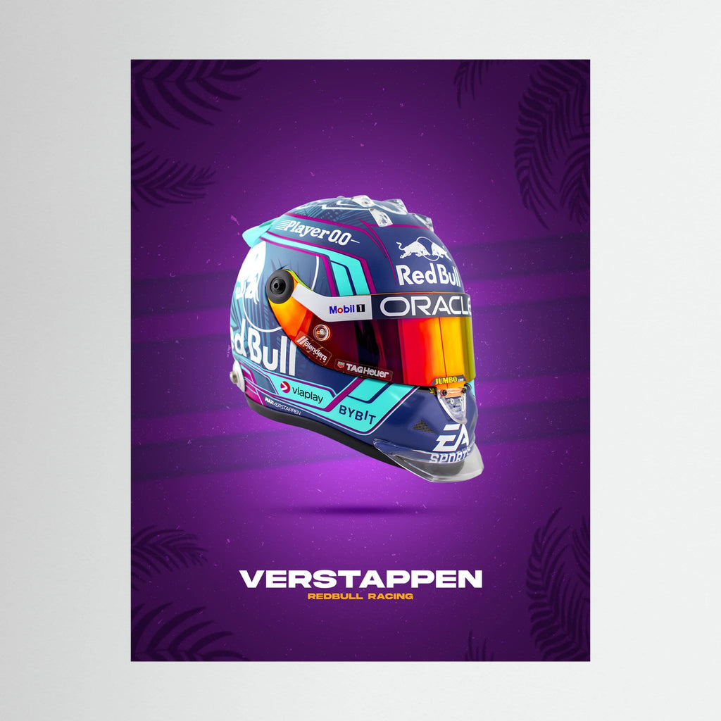 Purple and multicolour Verstappen racing helmet poster on a violet background.