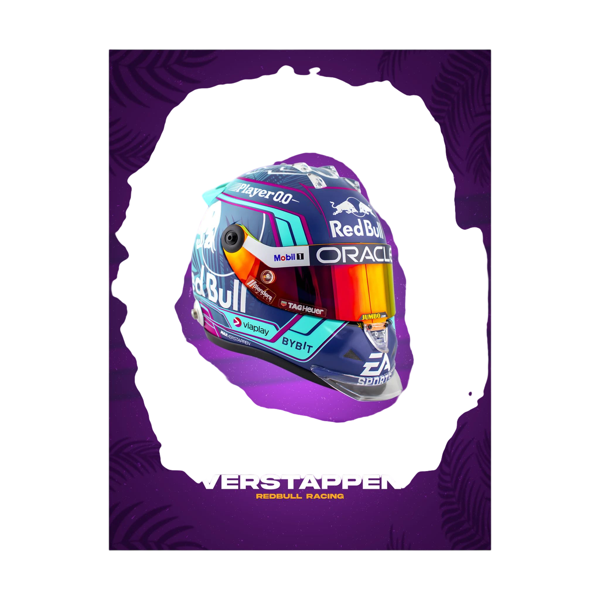 Purple and multicolour Verstappen racing helmet poster on a violet background.