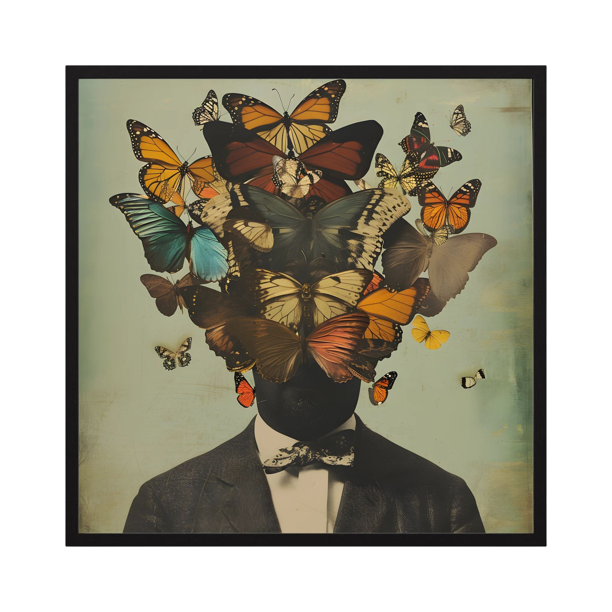 Surreal suited figure whose head is formed by a cluster of colourful butterflies, shown in product view 3.