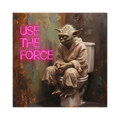 Small green science-fiction master seated on a toilet beside pink neon text.