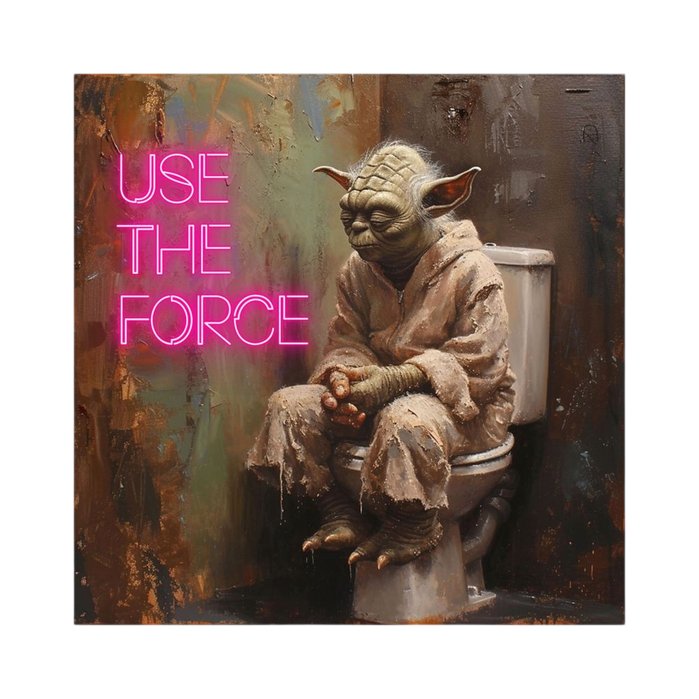 Small green science-fiction master seated on a toilet beside pink neon text.