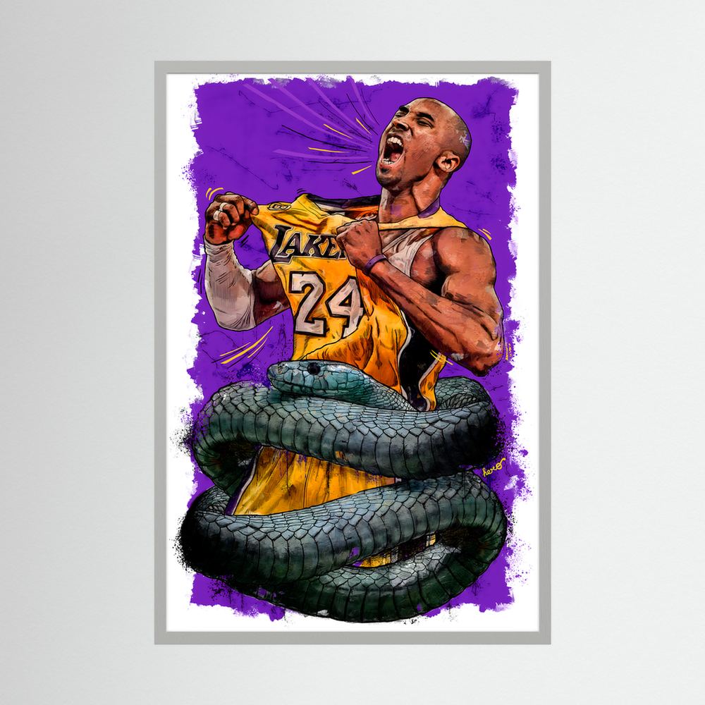 Purple and gold basketball portrait with coiled serpent, shown in a white wooden frame.