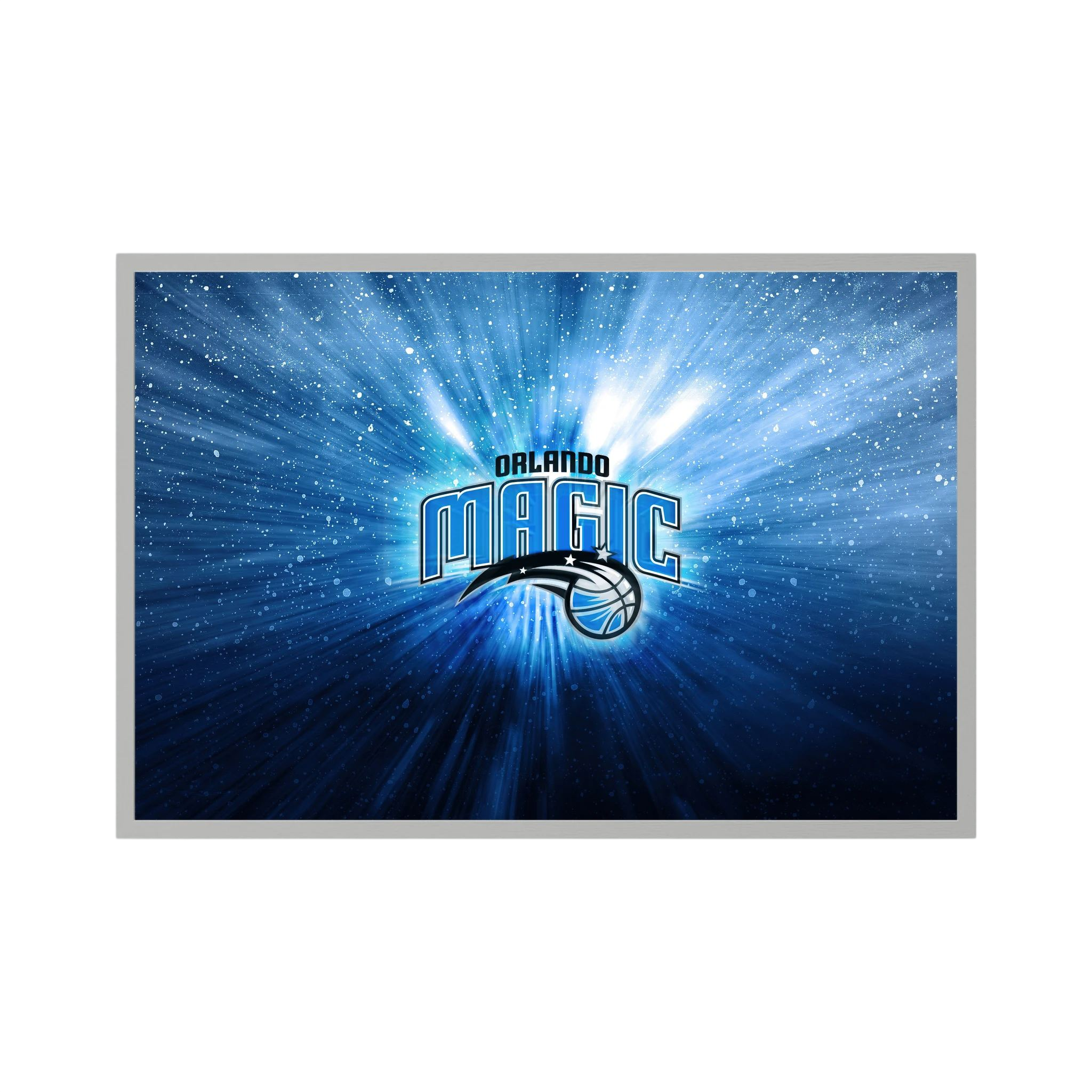 Orlando Magic basketball logo glows amid blue radial light and sparkling white particles.