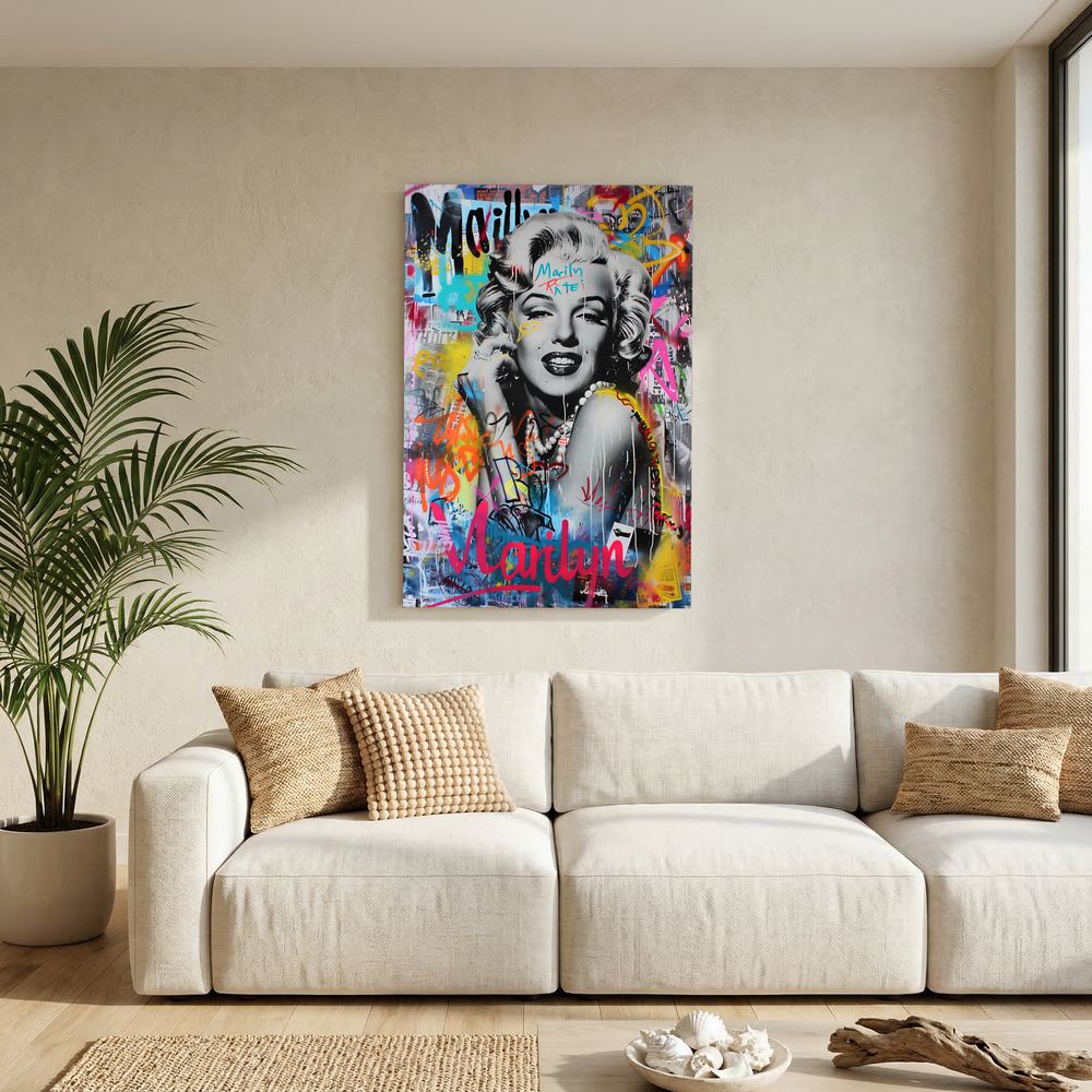 Alternative size view of colourful pop art female portrait with urban-style layers, shown in a black wooden frame.