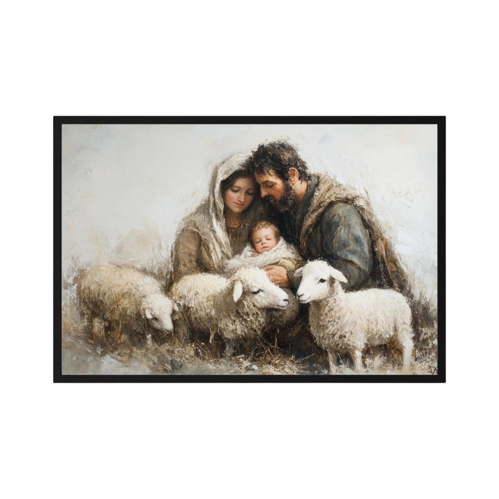 Softly painted family cradles a sleeping baby among white lambs in a quiet neutral landscape, shown in product view 3.