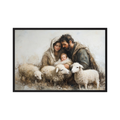 Softly painted family cradles a sleeping baby among white lambs in a quiet neutral landscape, shown in product view 3.