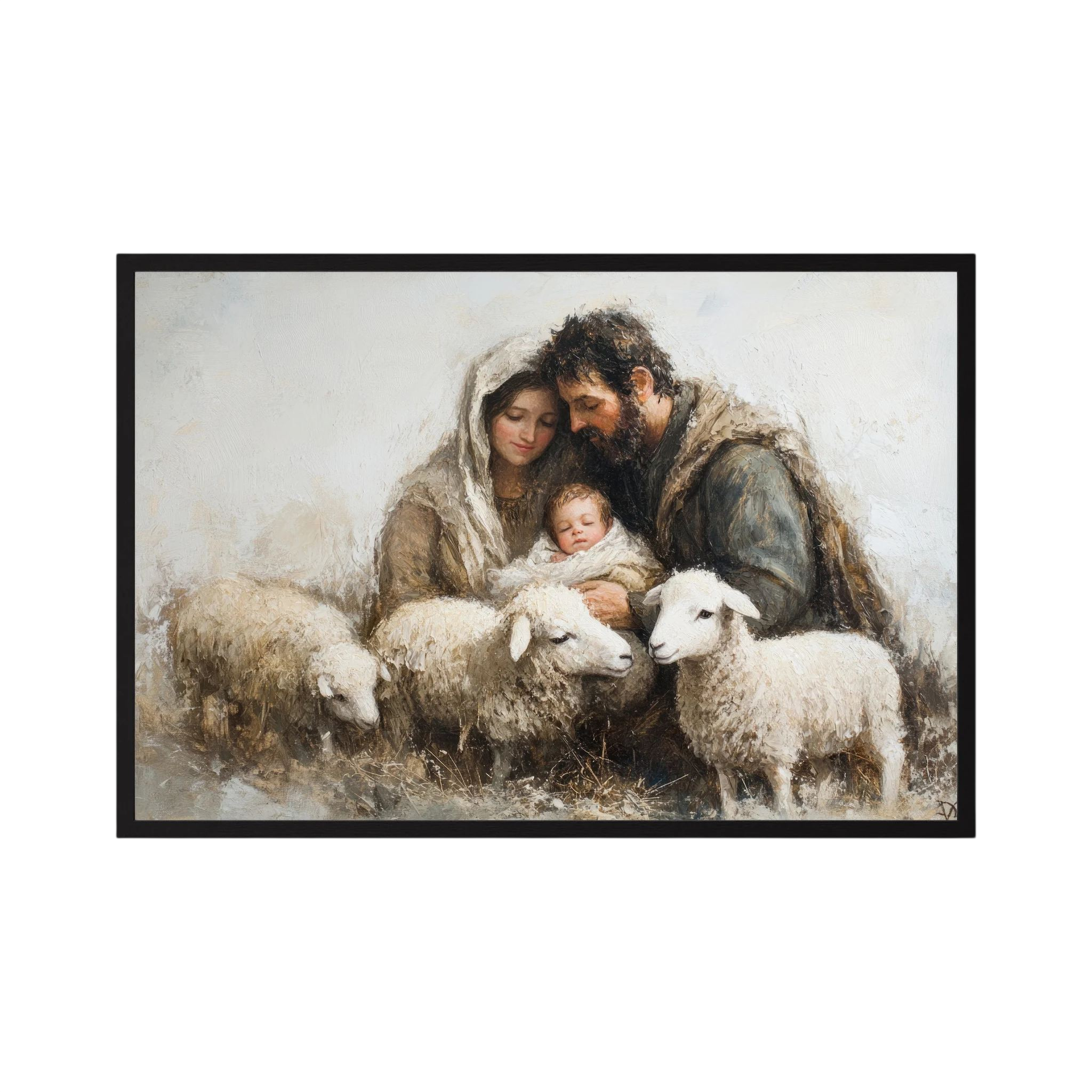 Softly painted family cradles a sleeping baby among white lambs in a quiet neutral landscape, shown in product view 3.