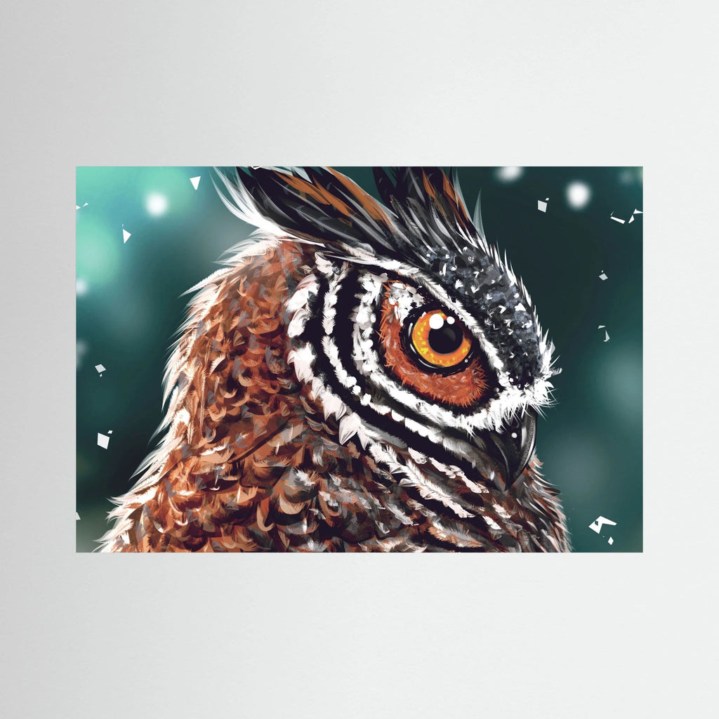 Close-up owl portrait with a bright amber eye and layered brown feathers.