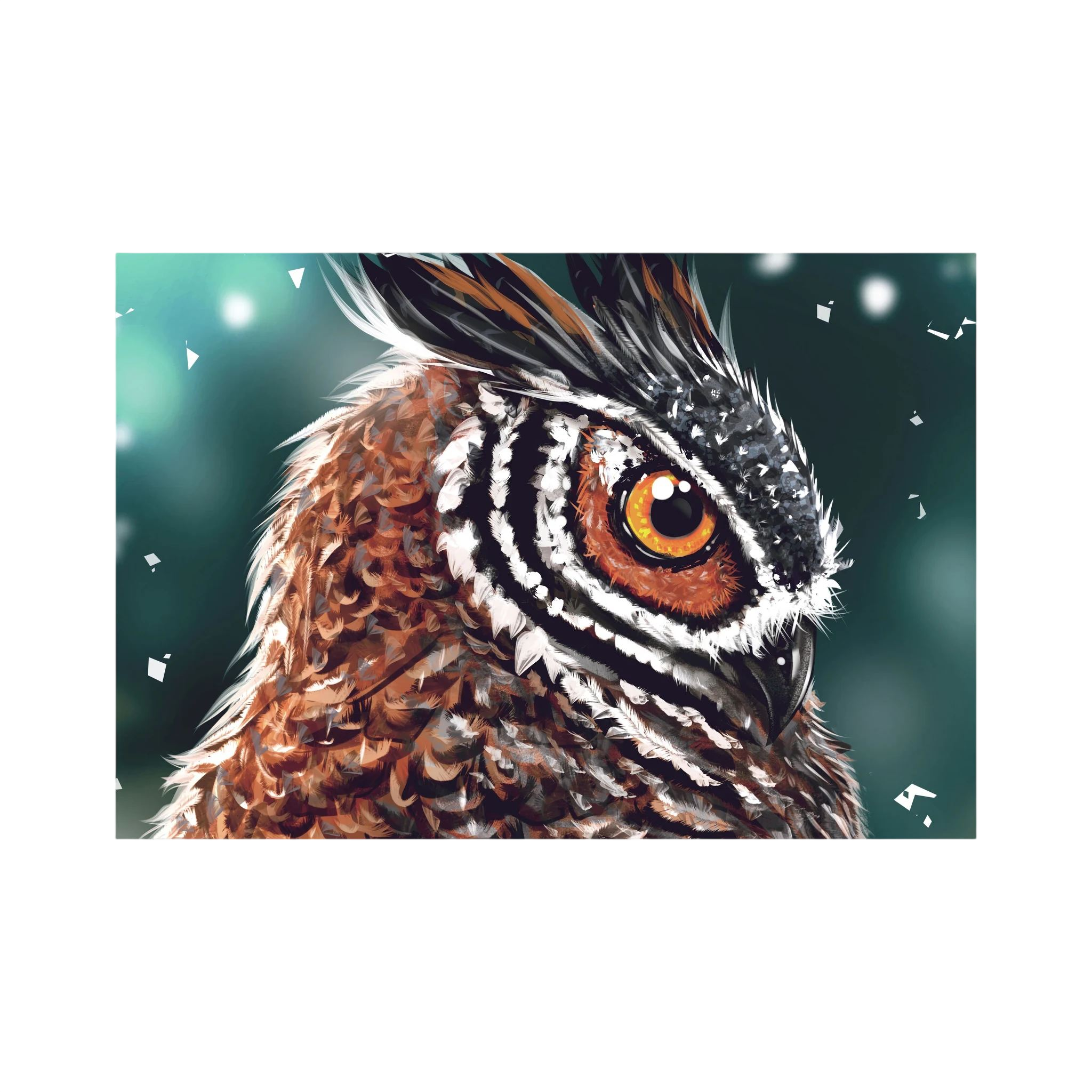 Close-up owl portrait with a bright amber eye and layered brown feathers.