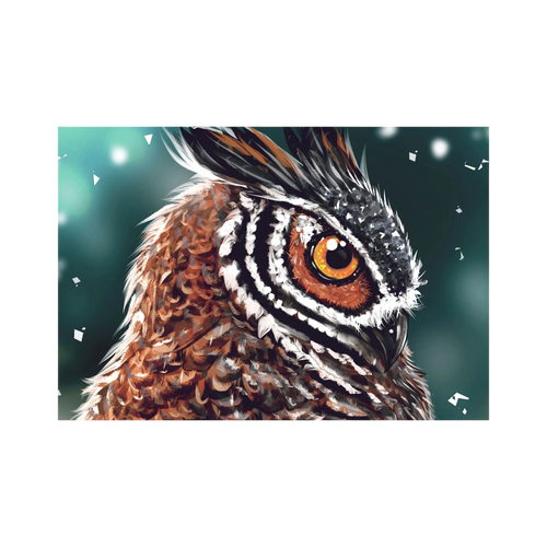 Close-up owl portrait with a bright amber eye and layered brown feathers.