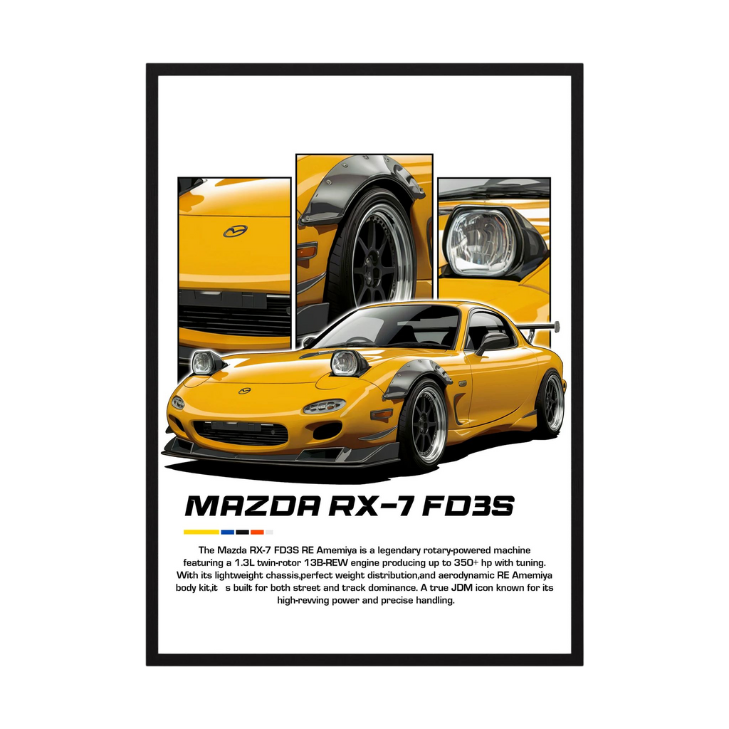 Yellow Mazda RX-7 FD3S illustration with pop-up headlights and close-up panels.