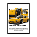 Yellow Mazda RX-7 FD3S illustration with pop-up headlights and close-up panels.