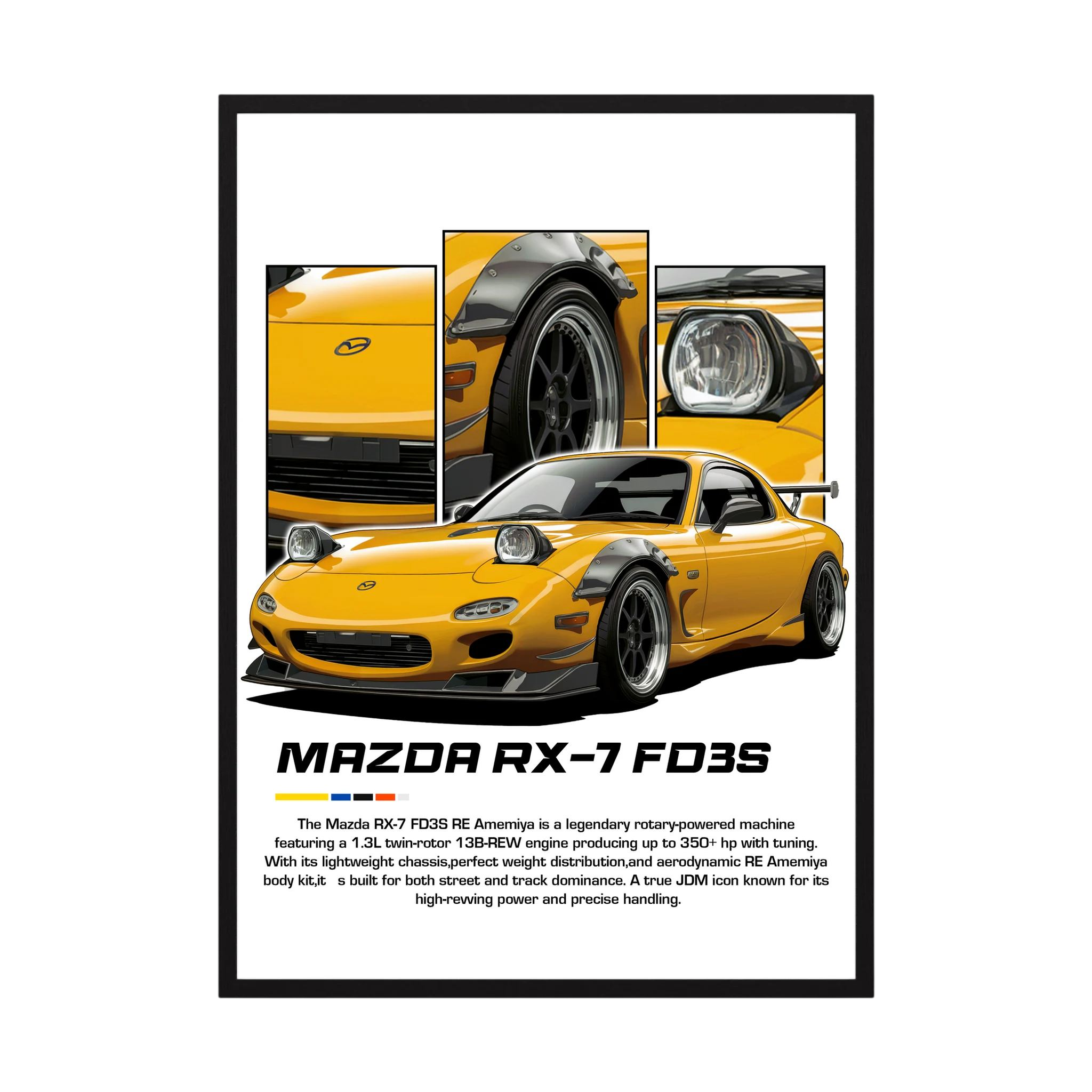 Yellow Mazda RX-7 FD3S illustration with pop-up headlights and close-up panels.