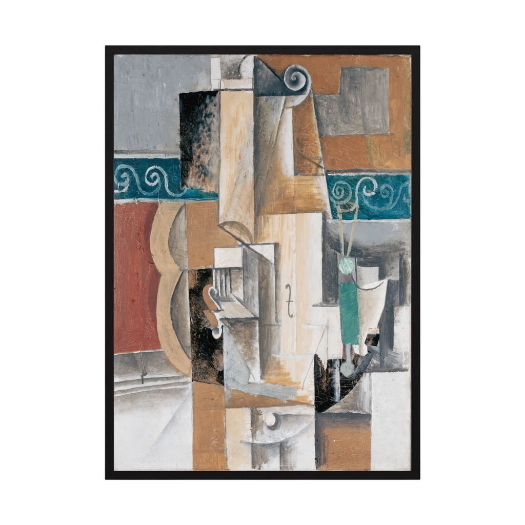 Layered cubist fragments in teal, terracotta, grey and cream include architectural blocks and curling motifs, shown in product view 3.