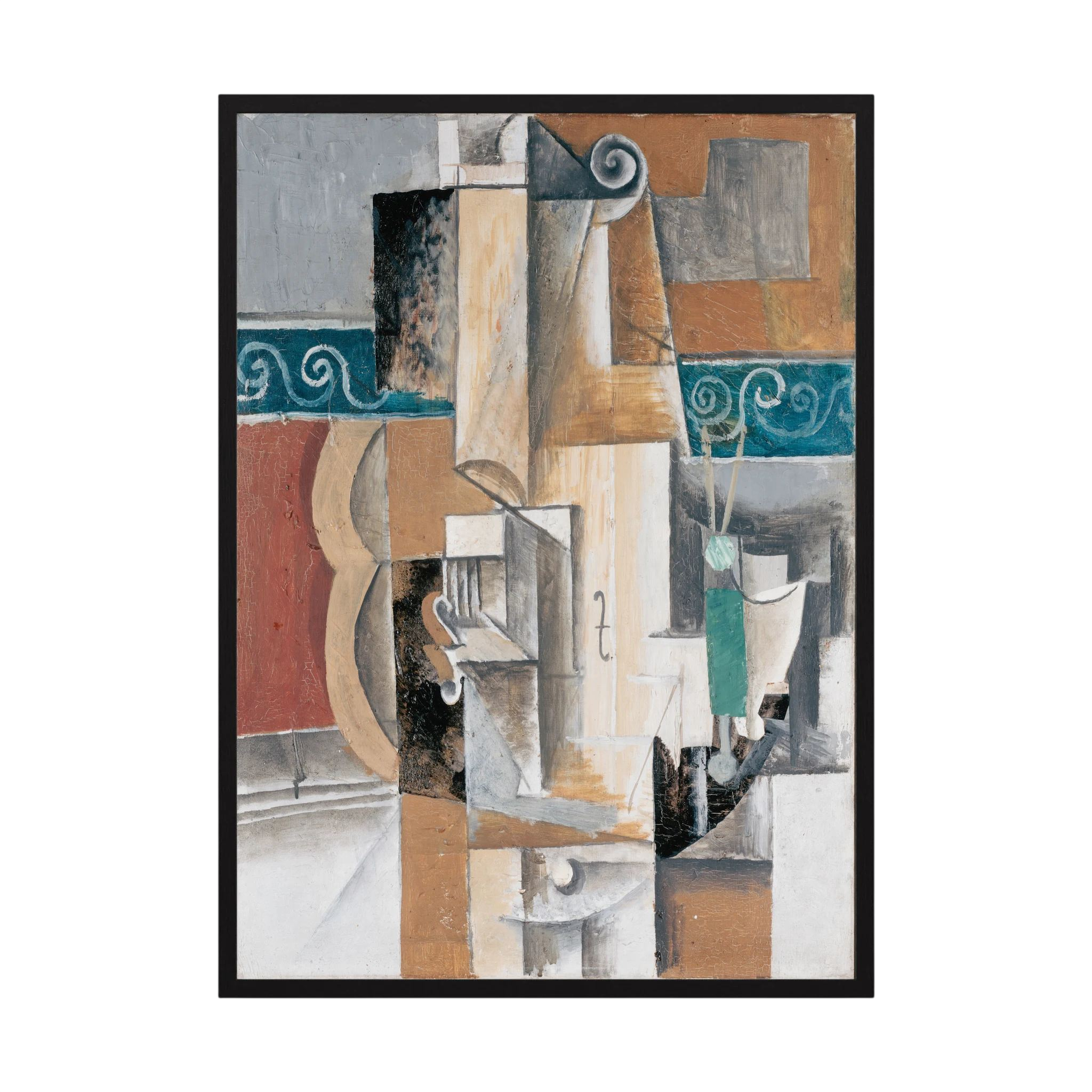Layered cubist fragments in teal, terracotta, grey and cream include architectural blocks and curling motifs, shown in product view 3.